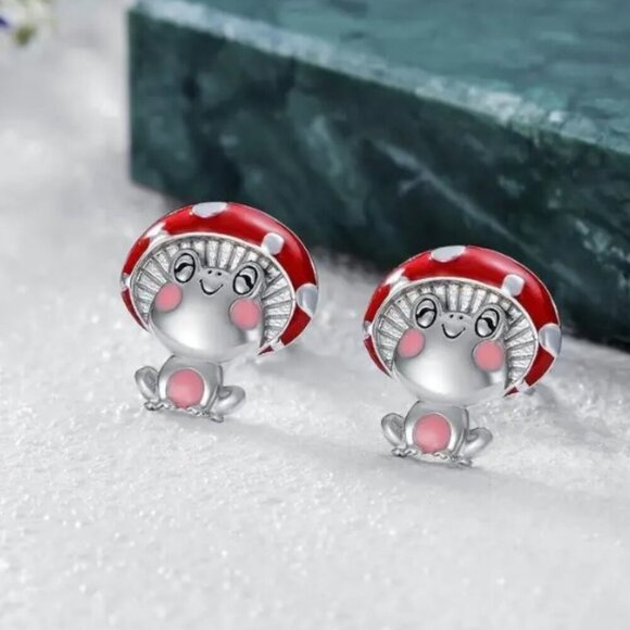 Cute Colorful Chic Frog & Mushroom Red and Pink accent Stud Earrings Set - Picture 1 of 3